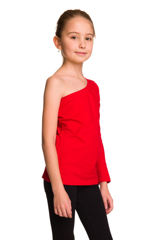 Blusa asimmetrica in cotone con maniche lunghe, scollo diagonale, colore rosso