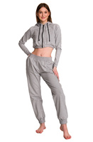 Women's short sweatshirt hoodie with large hood for girls in melange gray.