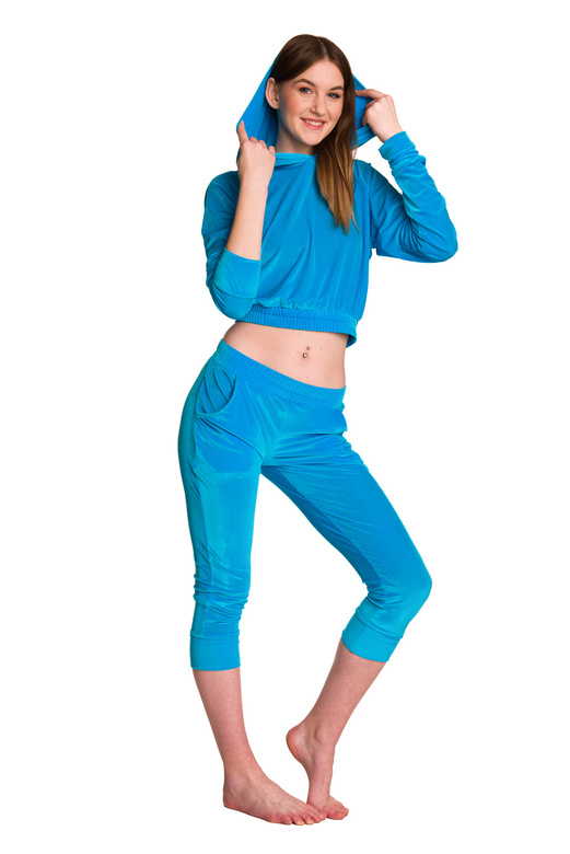 Moteriško veliūrinio sportinio kostiumo komplektas Hoodie + Kelnės 3/4 turkio spalvos