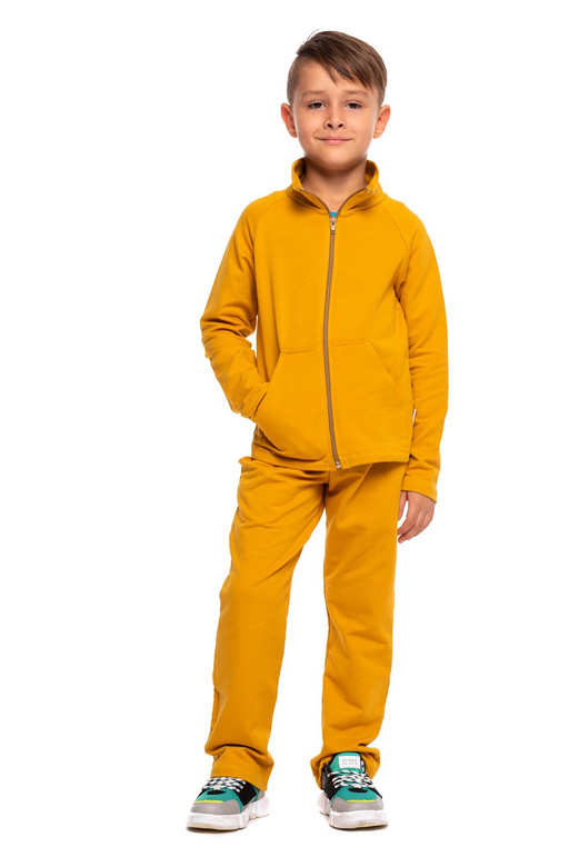 Mustard-colored sporty sweatshirt with stand-up collar, zipper, and pockets.