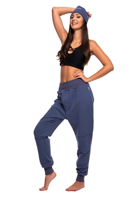 Women's, men's, and children's drop-crotch jogger sweatpants with a jeans-inspired look.