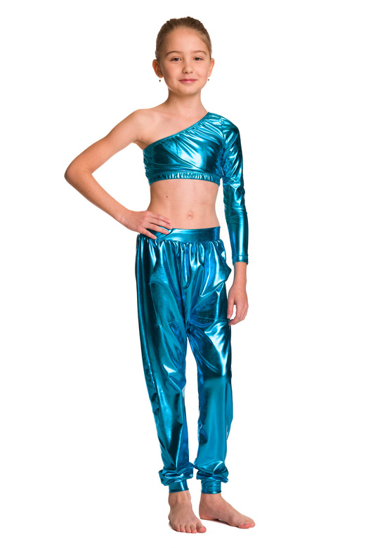 Filles Femme Haut de Sport Métallisé Scintillant Asymétrique Manches Longues Col Slash Pour Performance Turquoise