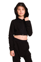 Short black women's hoodie with a large hood for girls - made of sweatshirt material.