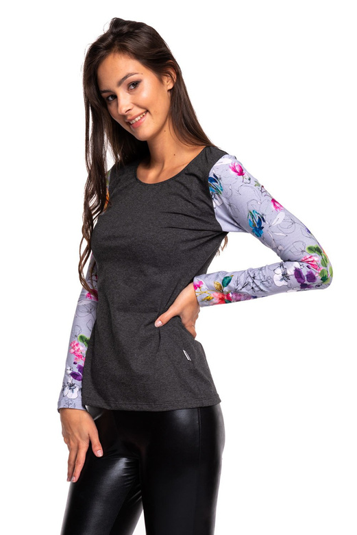 Blúz póló hosszú ujjú FLOWERS szürke grafit