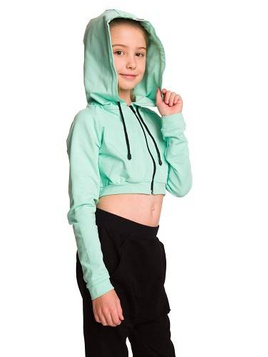 Short mint hoodie for girls with a big hood and made of sweatshirt fabric.