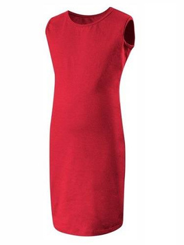 Sleeveless red pencil dress.