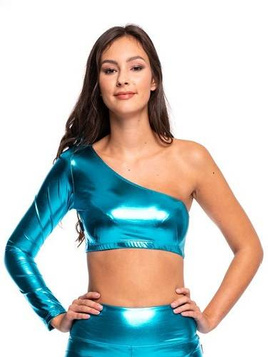 Metallic shimmering asymmetrical turquoise long-sleeved sports top for girls with slanted neckline for performance.