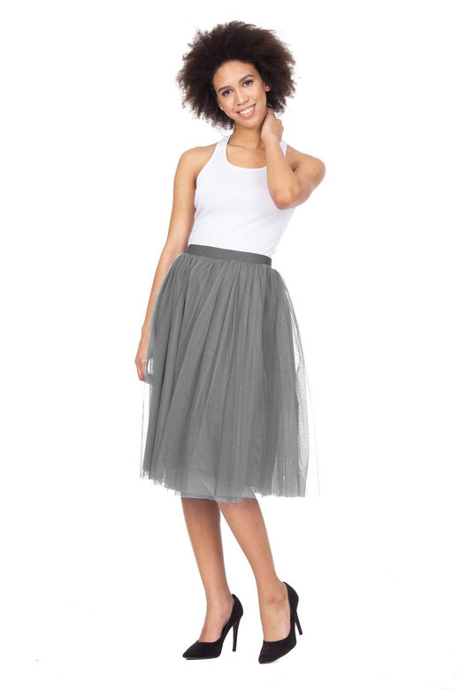 Grey Tulle Midi Skirt with Lining.