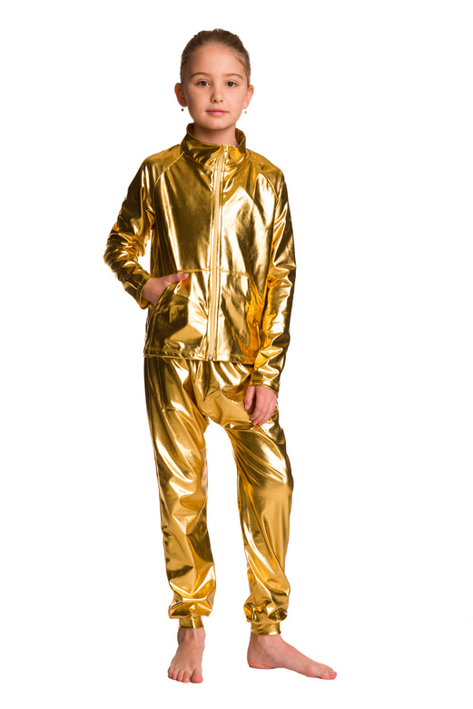 Sudadera metalizada brillante con manga larga, cuello alto, cremallera y bolsillos, traje de rendimiento dorado