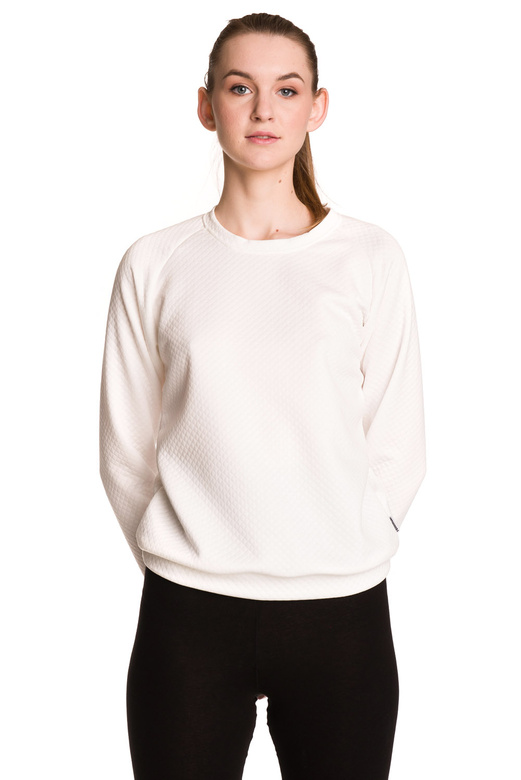 Women's white quilted sports sweatshirt without a hood.