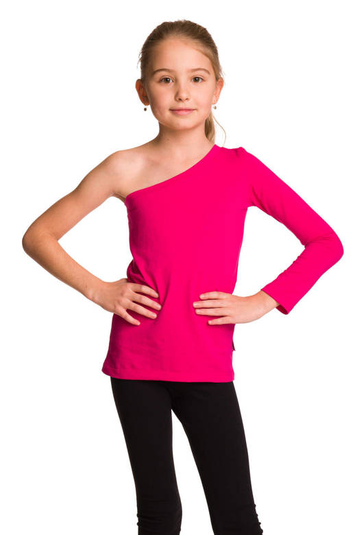 Blusa asimmetrica in cotone con maniche lunghe, scollo diagonale fucsia