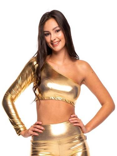 Blizganti metalo spalvos asimetrinė moteriška sportinė palaidinė su ilgomis rankovėmis ir pasvirusia iškirpte, kad būtų aukso spalvos.
