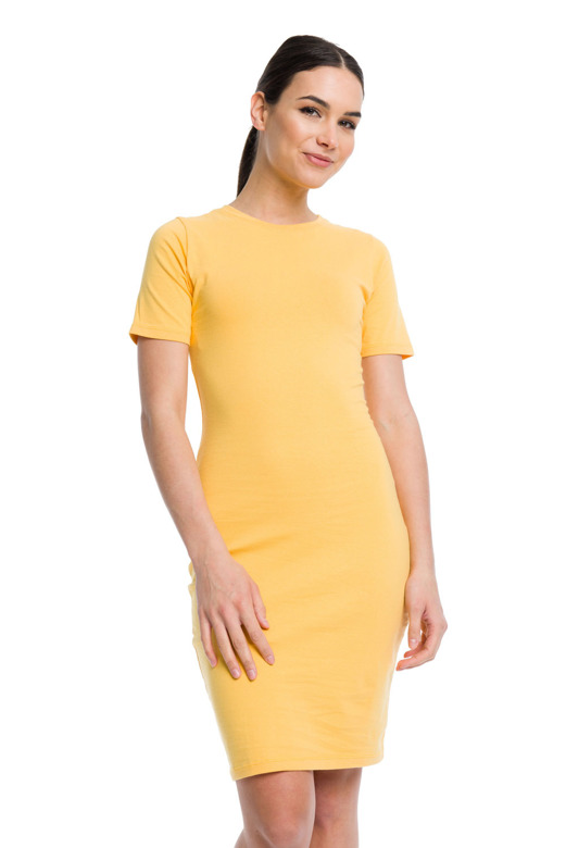 Ženska midi bombažna svinčnik obleka s kratkimi rokavi - rumena