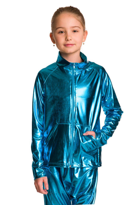 Sudadera de manga larga metalizada brillante con cuello alto, cremallera y bolsillos de rendimiento turquesa