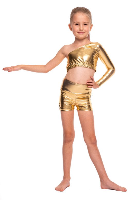 Top deportivo de mujer para niña metalizado brillante asimétrico con manga larga y escote pronunciado para un rendimiento dorado