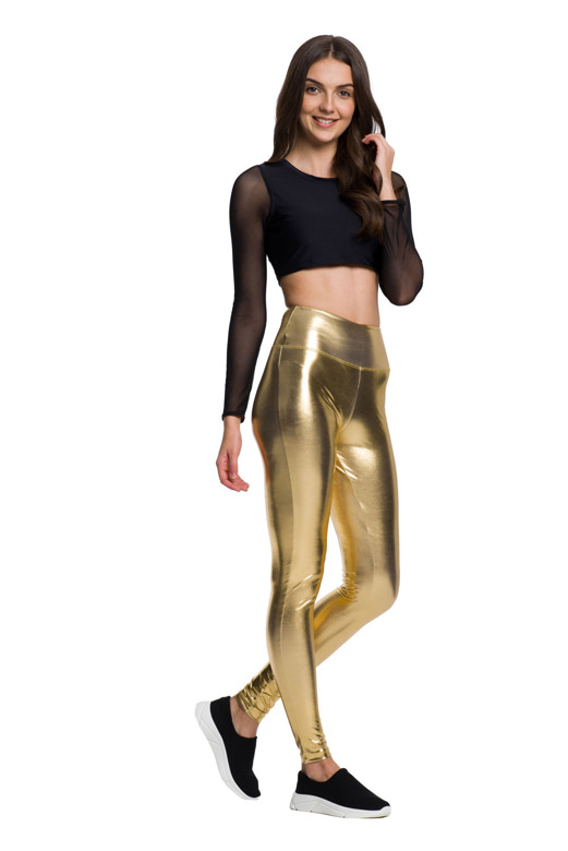 Glänsande metalliska leggings för kvinnor med långa ben med hög midja för ett prestanda GULD