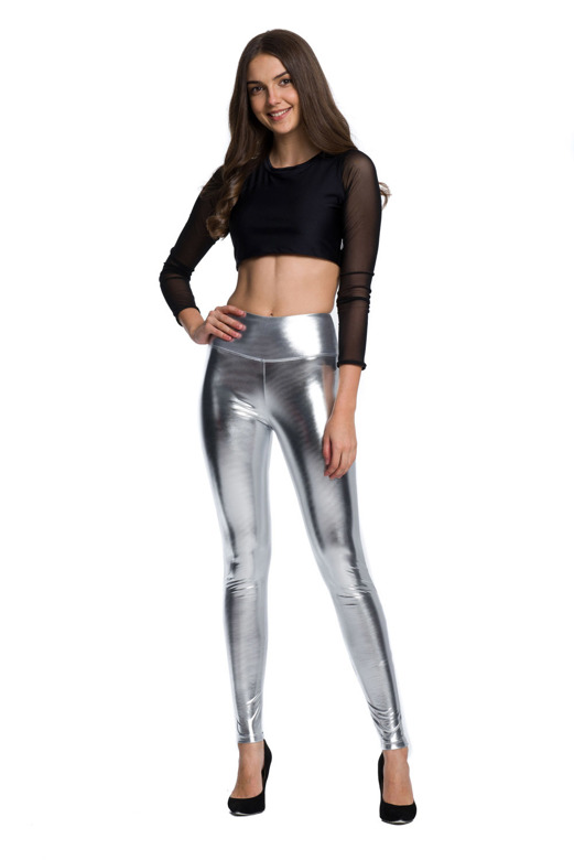 Жіночі металеві блискучі легінси на довгій штанині з високою талією для виступу SILVER